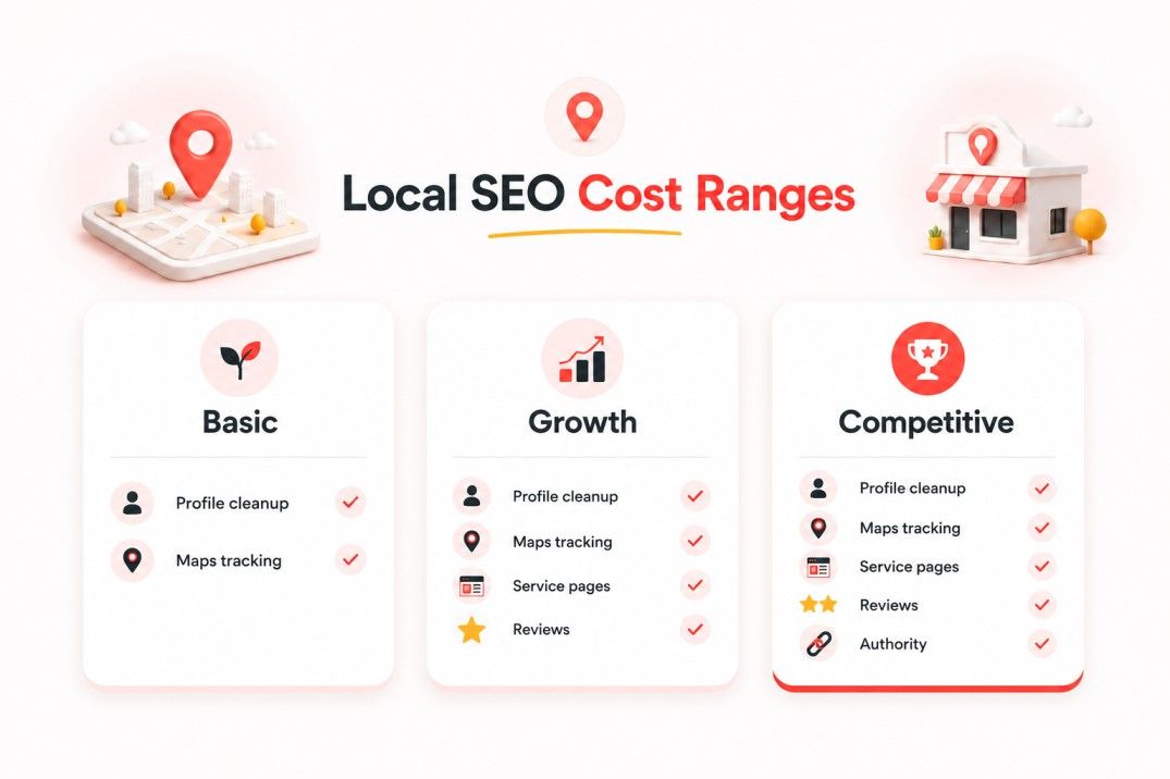Local SEO cost ranges by scope and competition, showing Basic, Growth, and Competitive pricing cards for service businesses.