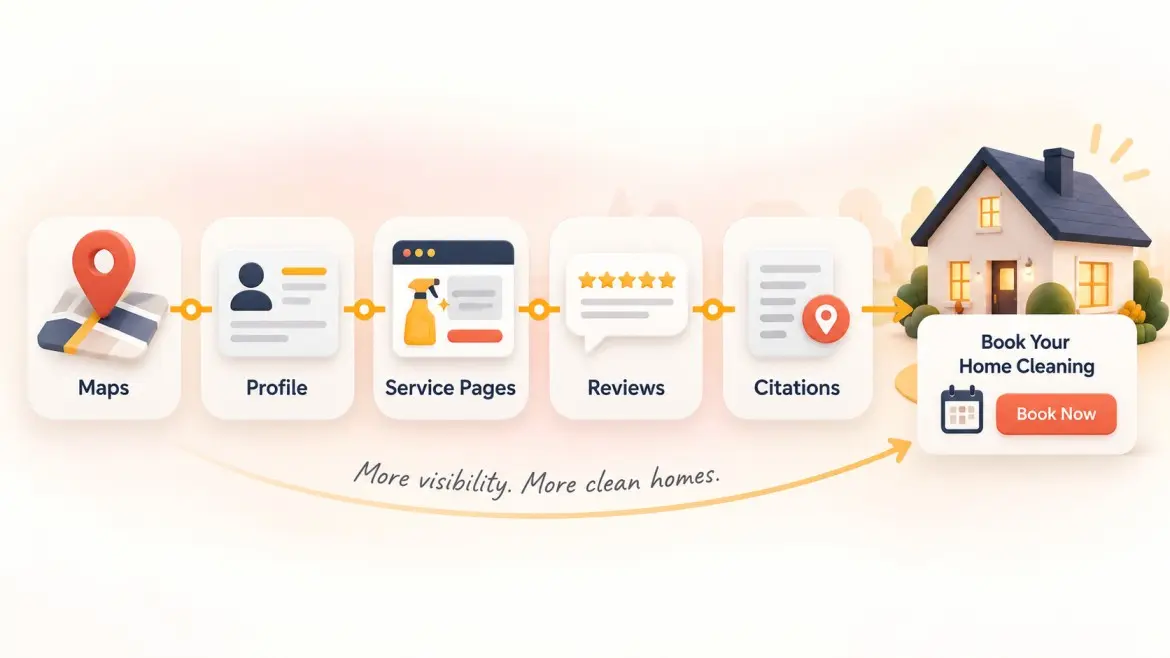 Five connected local visibility elements lead to a home cleaning booking