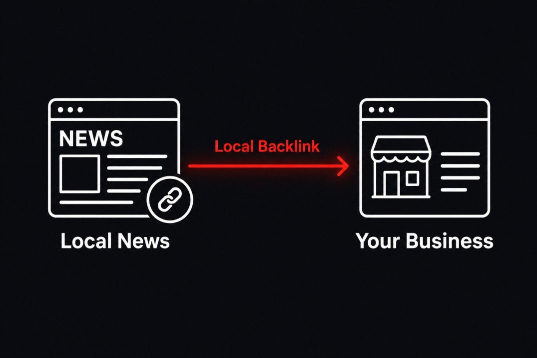 Diagram showing a local news site linking to a small business website with a red arrow labeled local backlink