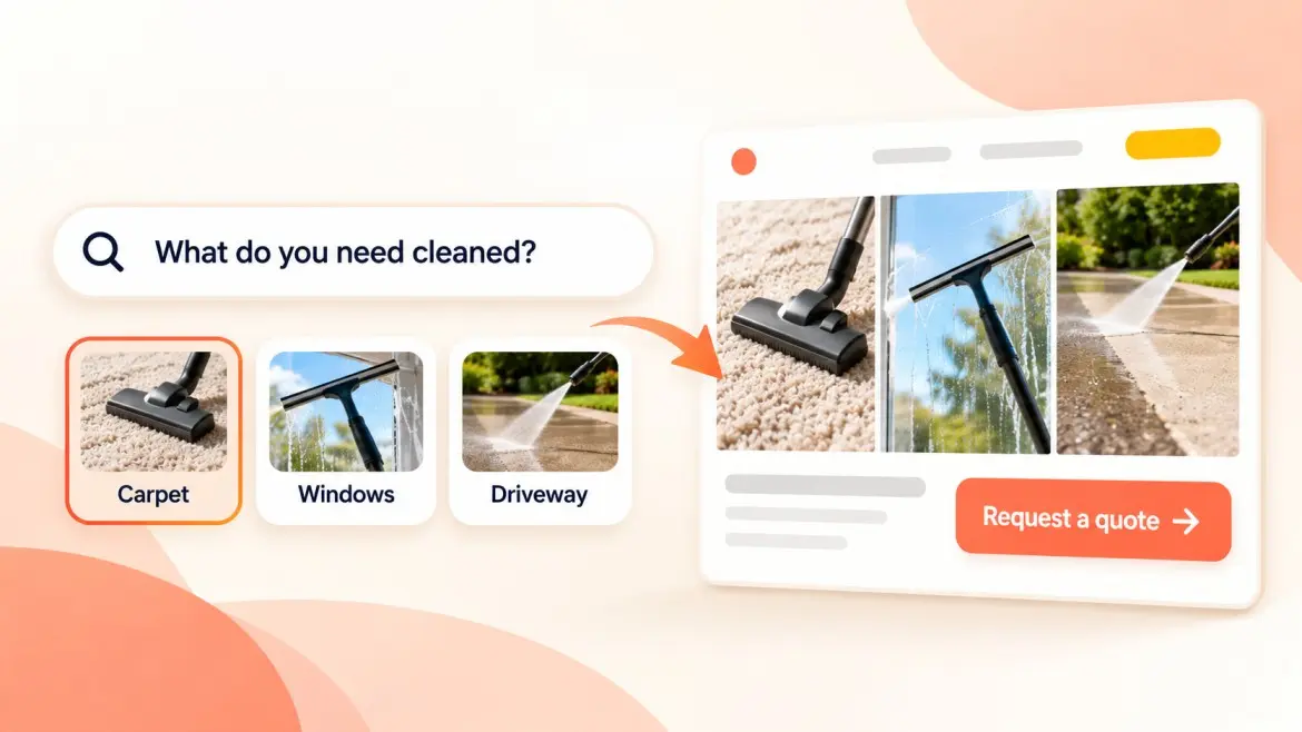 Cleaning service choices lead from a search question to an illustrative page with a quote button.