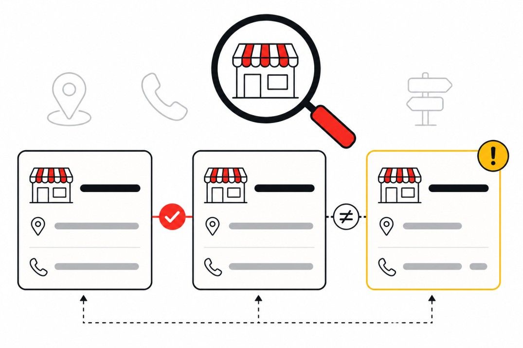 Illustration of three business listing cards being compared for NAP consistency, with one card flagged as inconsistent Placement: Inside 