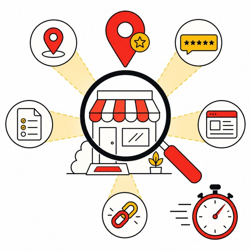 : Illustration of a magnifying glass examining a storefront with five beams representing Google Business Profile, reviews, citations, website, and backlinks Placement: Hero image directly under the H1