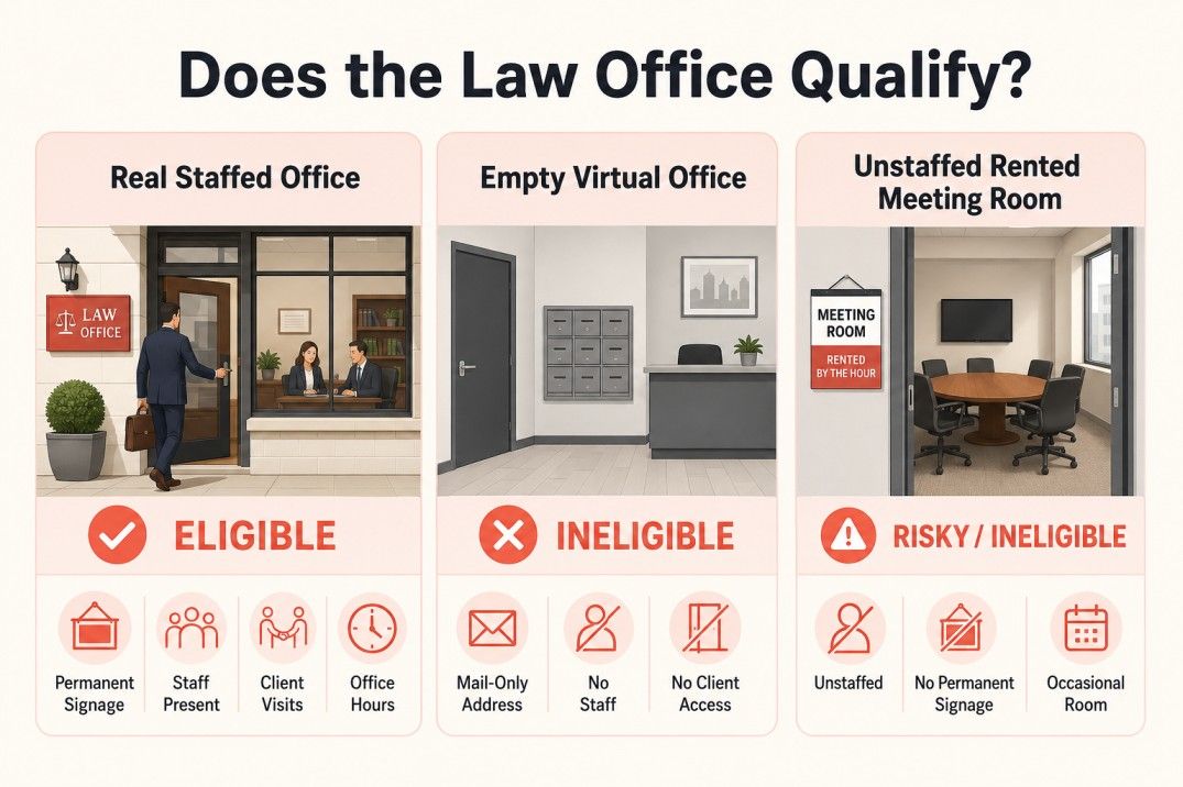 Eligible law firm office compared with virtual and unstaffed office locations