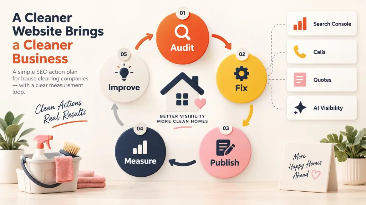 House cleaning SEO cycle from audit and fixes to publishing, measurement, and improvement