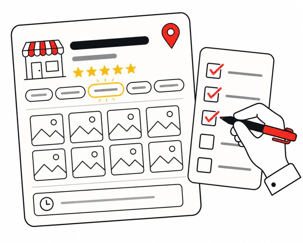 Illustration of a hand checking off items on a Google Business Profile card showing categories, photos, and star ratings Placement: Inside 