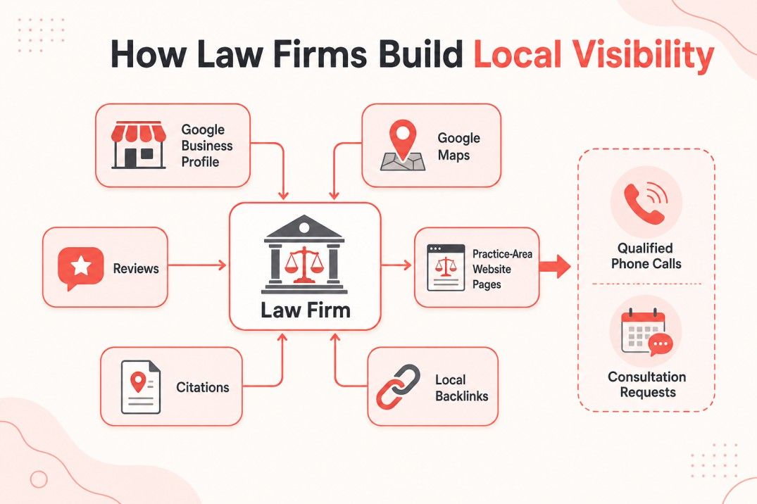How a law firm Google Business Profile connects with Maps, reviews, website SEO, citations, and consultations