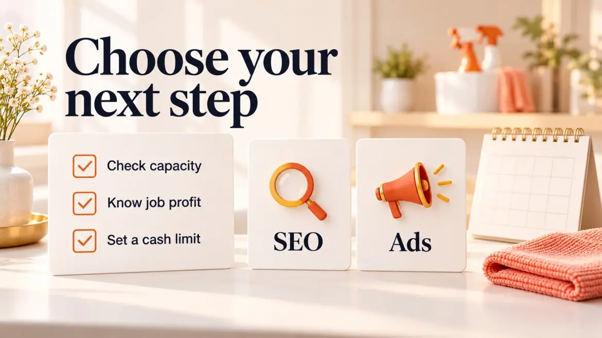 SEO and Ads cards beside a checklist covering capacity, job profit, and a cash limit