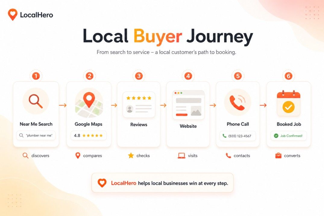 Local buyer journey diagram from near me search to Google Maps, reviews, website visit, phone call, and booked job