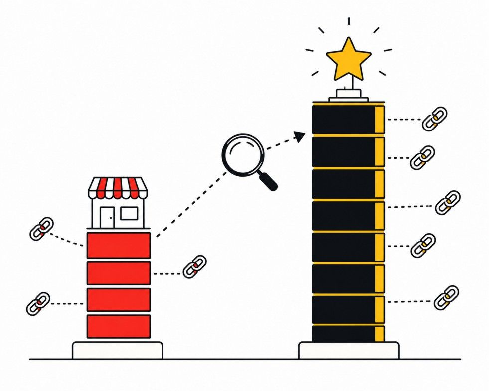 Illustration comparing two backlink profile towers, showing a business's link count against a stronger competitor Placement: Inside 