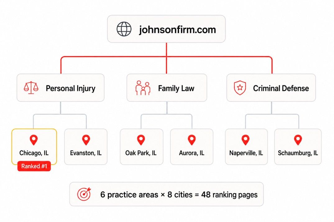 Website sitemap showing law firm practice area pages branching into city location pages to create 48 ranking opportunities