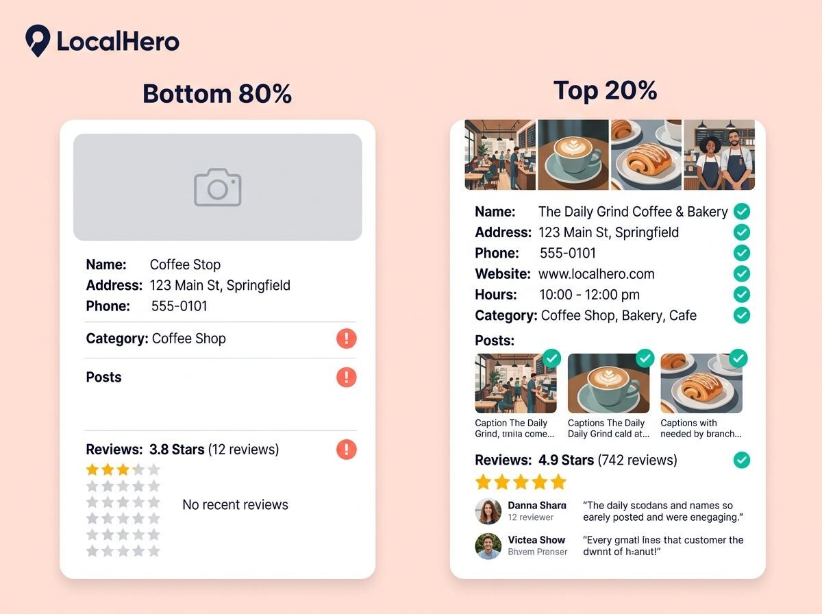 Comparison table showing 8 signals that separate well-optimized Google Business Profiles in the top 20 percent from the 80 percent with critical ranking issues