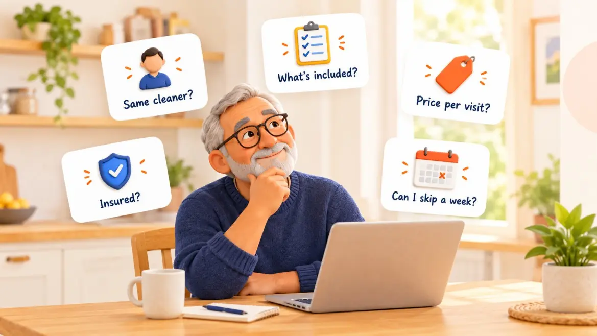 A homeowner weighing up a maid service, with questions about the cleaner, what is included, price, insurance and skipping a week