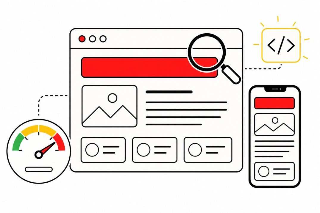 Illustration of a website browser window with a mobile view, a page speed gauge, and a schema markup code icon Placement: Inside 