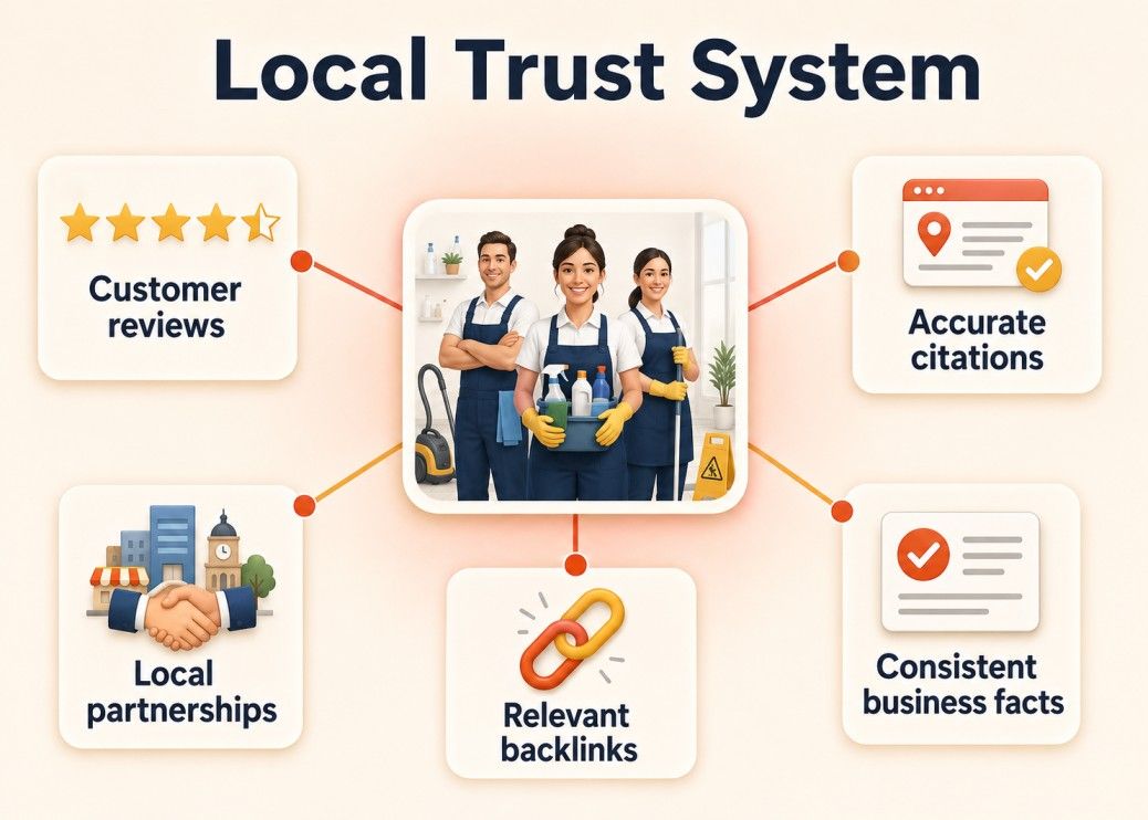 Reviews, citations, and backlinks supporting cleaning-company trust