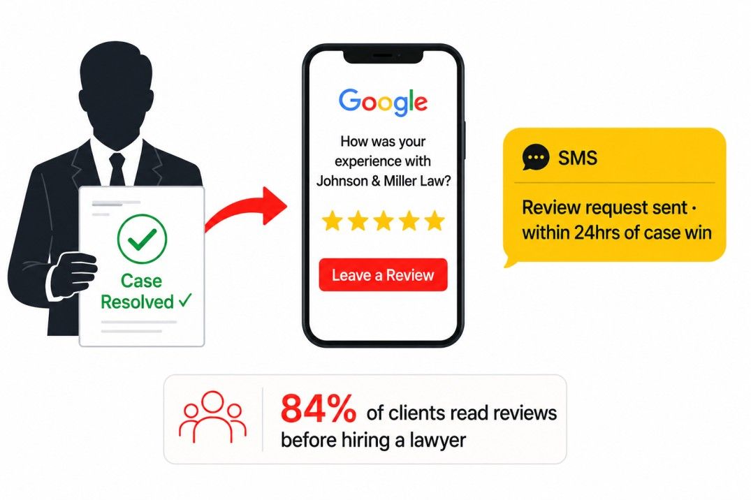 Lawyer sending an automated SMS review request after a successful case outcome leading to a 5-star Google review
