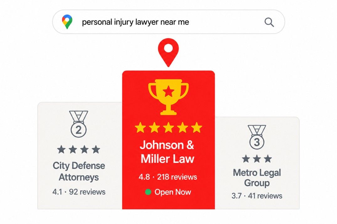 Google Maps local pack podium with a law firm in first place above two competitor listings, showing the value of ranking in the top three
