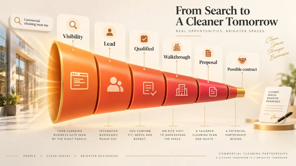 Funnel from search visibility to a possible commercial cleaning contract