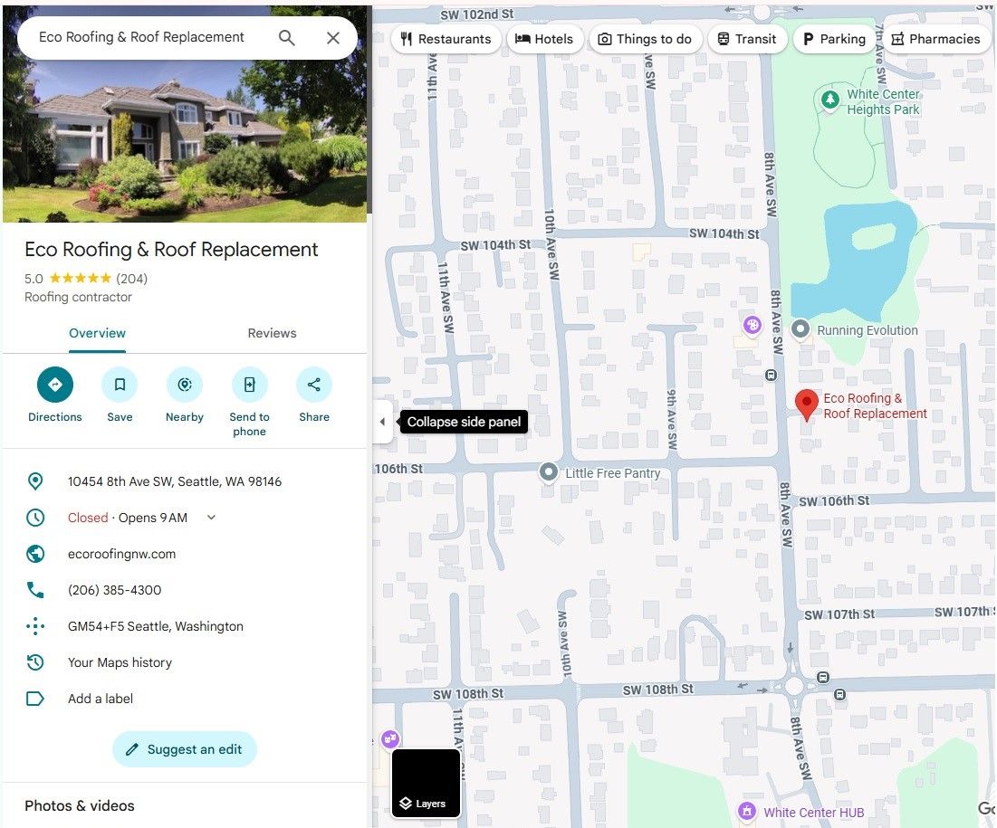 Fully optimized Google Business Profile for a roofing company showing reviews, photos, services, and business hours