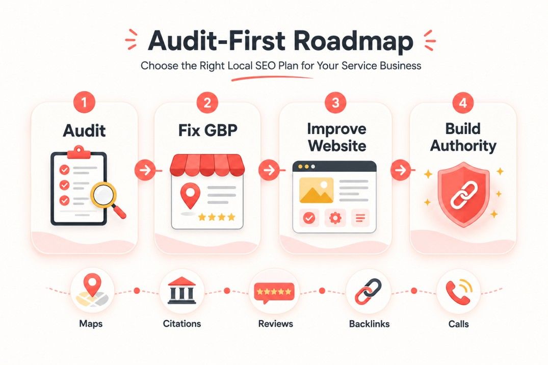 Audit-first local SEO roadmap for service businesses showing audit, Google Business Profile fixes, website improvements, authority building, maps, citations, reviews, backlinks, and calls.