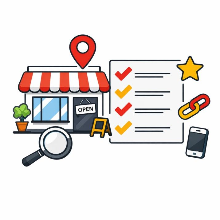 Illustration of a local business storefront with a floating SEO checklist showing completed tasks alongside Google Maps and review icons Placement: Hero image, top of post below H1