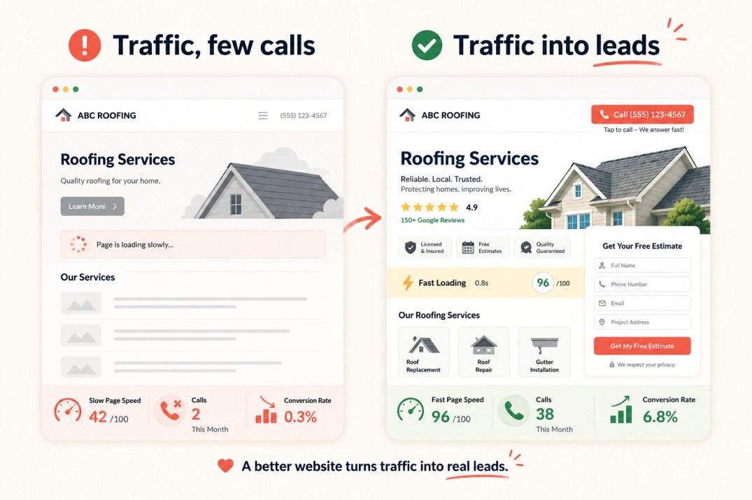 Website comparison showing weak conversion versus a service page built to get calls.