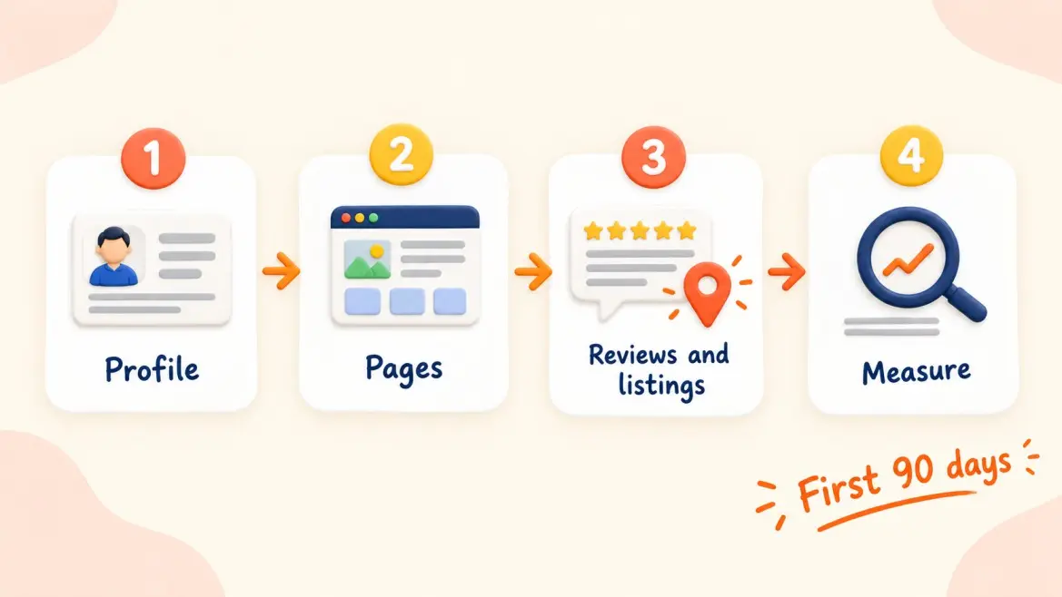 A four-stage maid service SEO plan covering the profile, pages, reviews and listings, and measurement