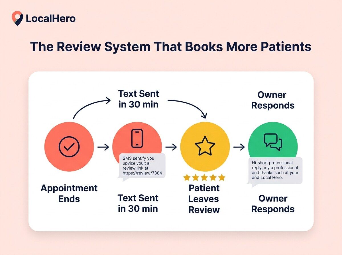 Dental practice review request workflow showing a post-appointment text message link sent within 30 minutes and a five-star Google review with owner response
