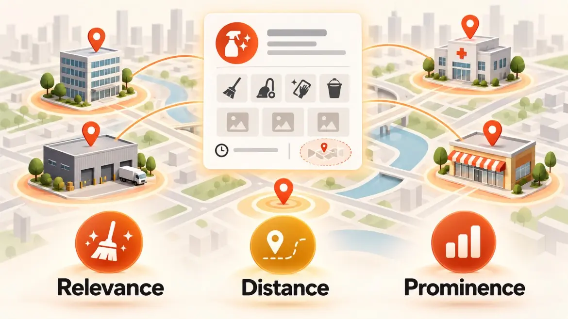 Commercial facilities, map pins, and a complete business profile card