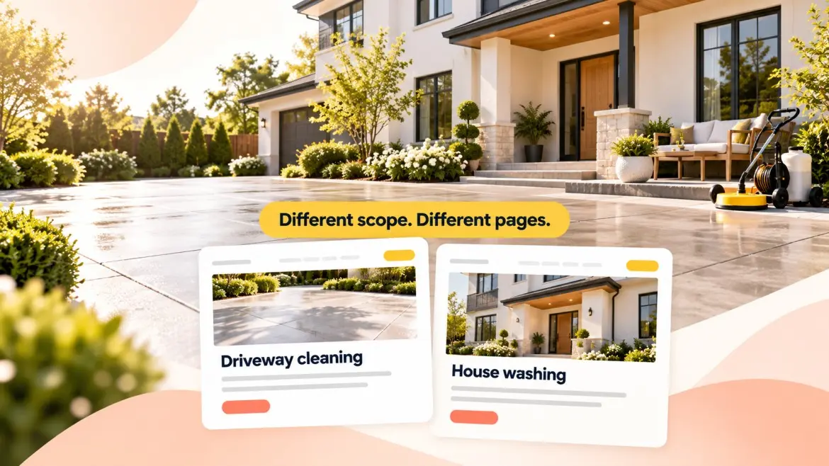 Illustrative driveway cleaning and house washing pages show distinct service scopes.