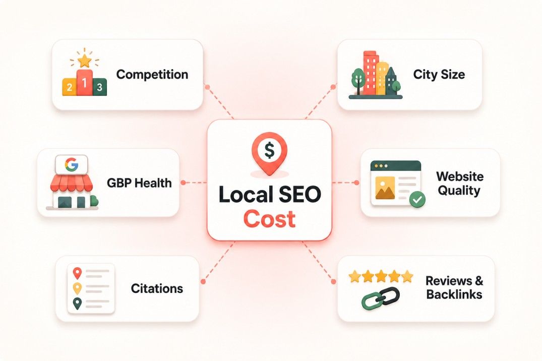 Factors that affect local SEO cost, including competition, city size, Google Business Profile health, website quality, citations, reviews, and backlinks.