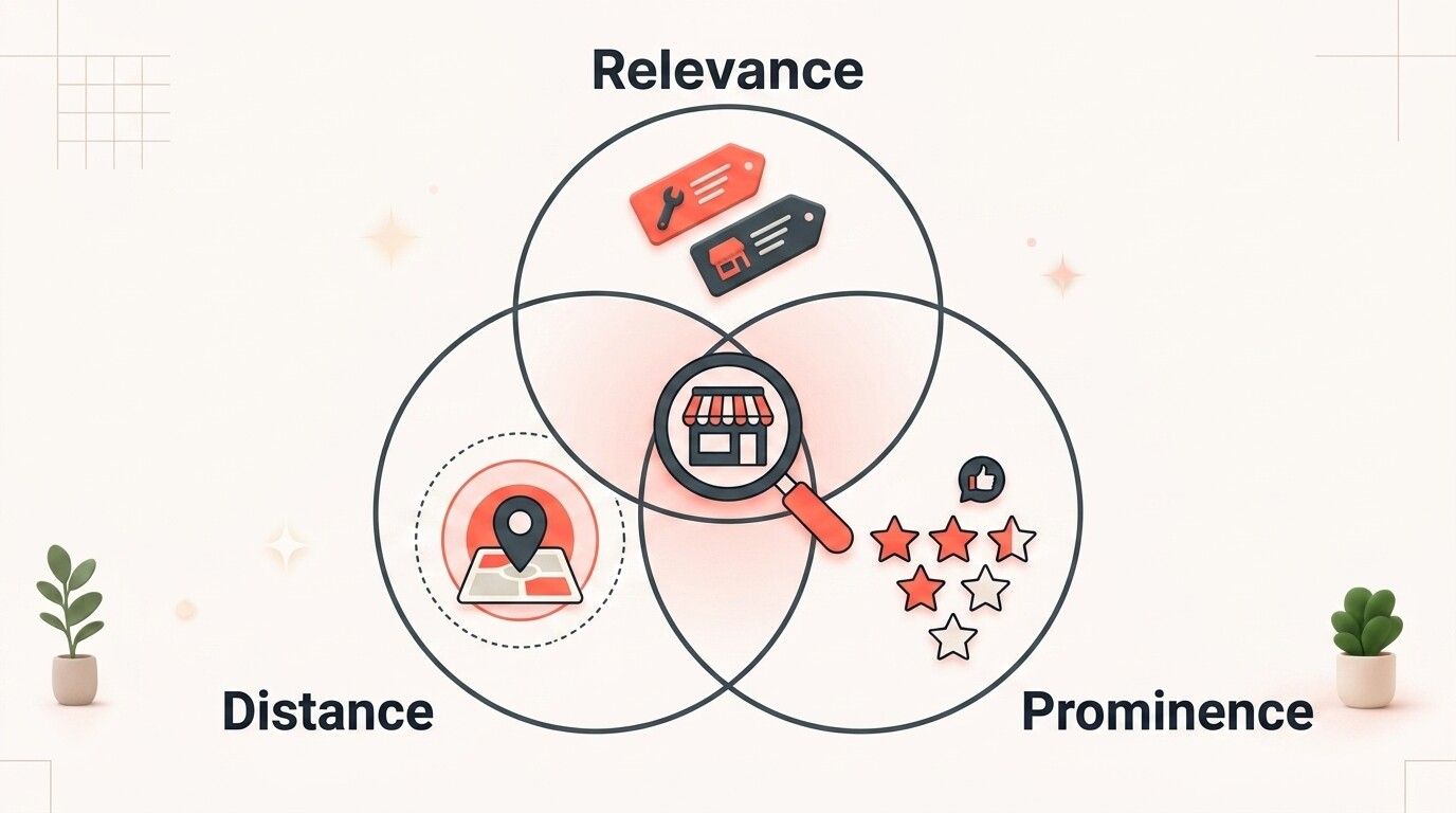 Local SEO ranking factors diagram explaining relevance, distance, and prominence for small business Google rankings