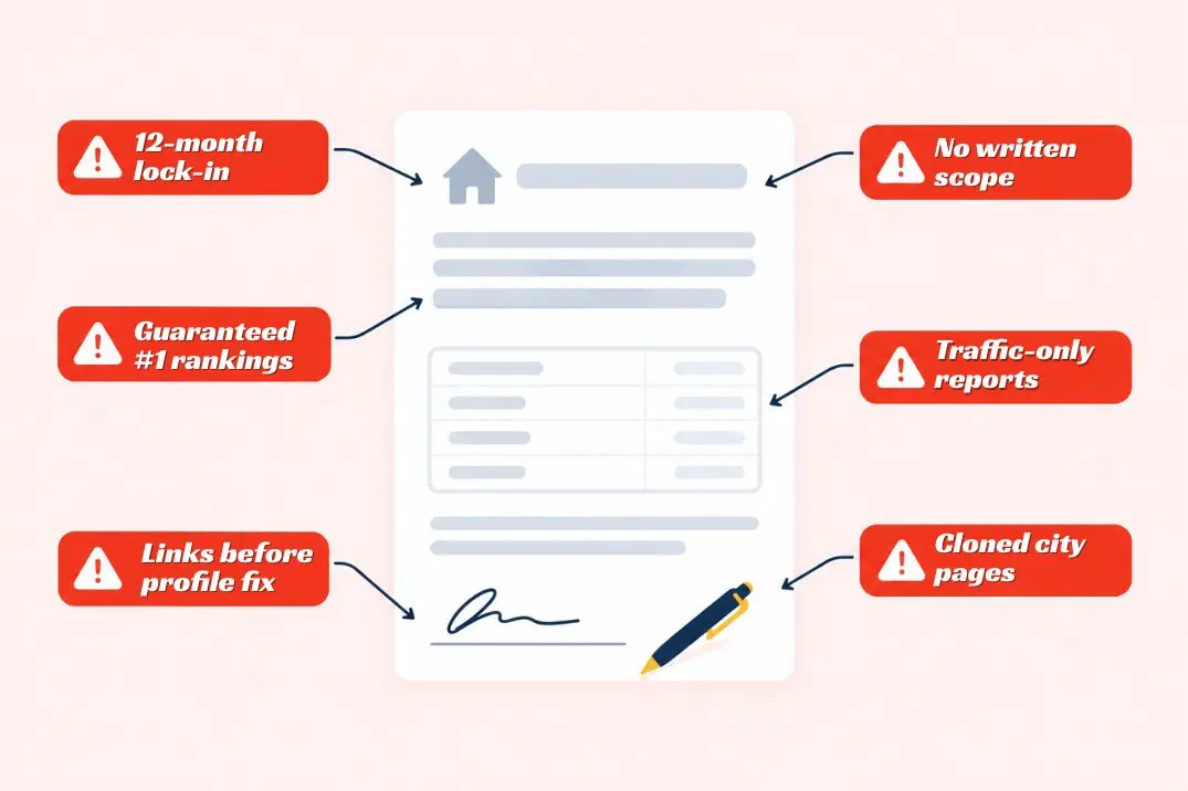 HVAC SEO proposal with warning labels for red flags including twelve month lock-ins, missing scope, guaranteed rankings, and mass-produced city pages