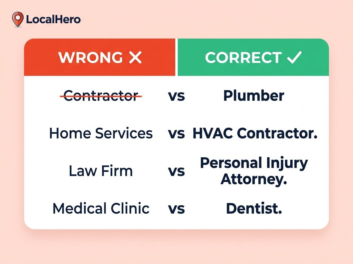 Wrong Google Business Profile primary category examples showing a plumber listed as contractor and a dentist listed as medical clinic with correct specific alternatives