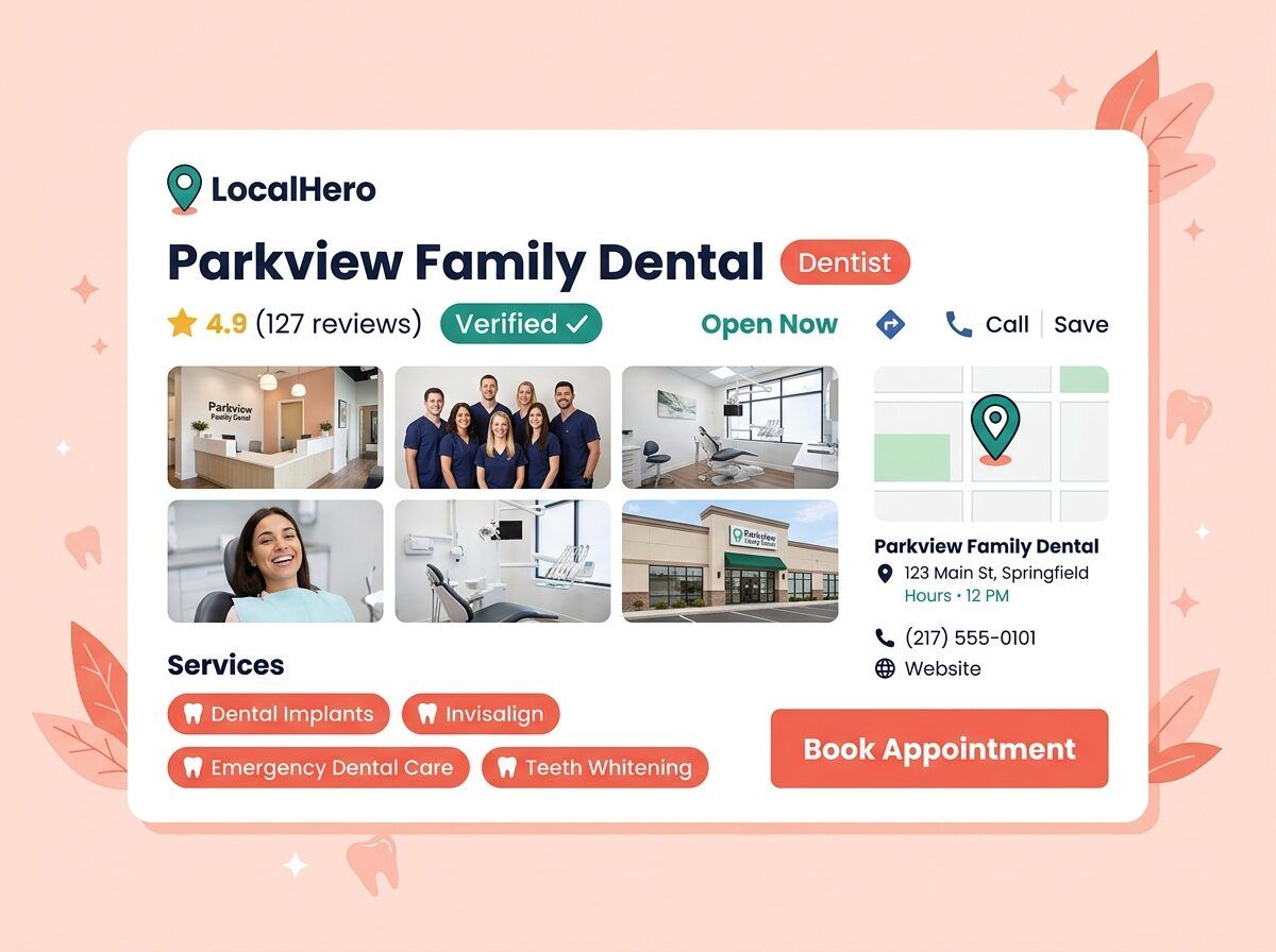 Fully optimized Google Business Profile for a dental practice showing the Dentist primary category, individual service listings, real photos, and weekly Google Posts