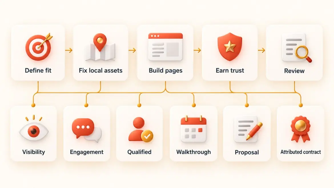 Commercial cleaning SEO plan linked to traffic and pipeline stages