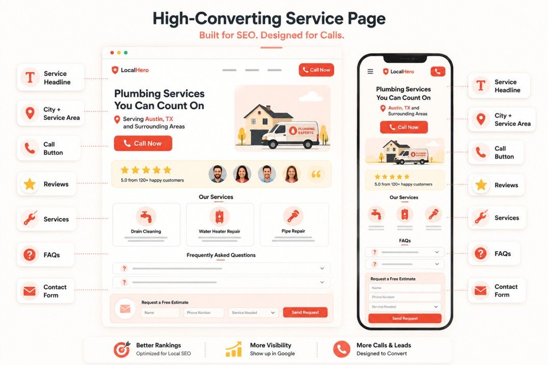 Service page wireframe for website SEO and conversion showing service headline, city area, call button, reviews, services, FAQs, and contact form.