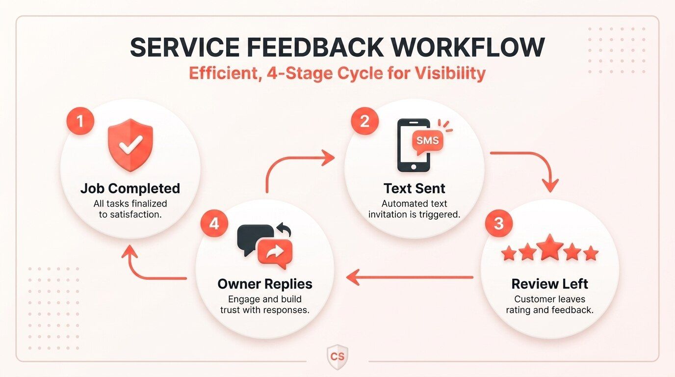 Small business Google review request workflow showing a text message link and five-star rating response
