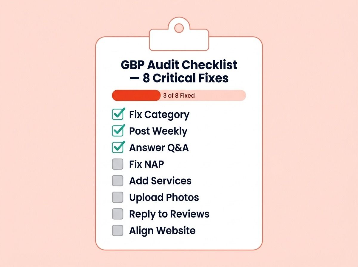Google Business Profile audit checklist showing the 8 critical issues to fix for higher local rankings in 2026 with checkbox status for each item