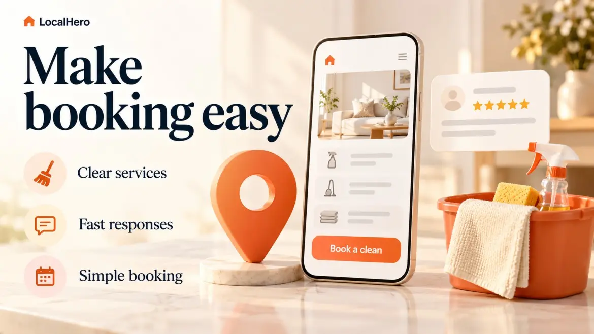 Mobile cleaning service page with a booking button, map pin, and review card