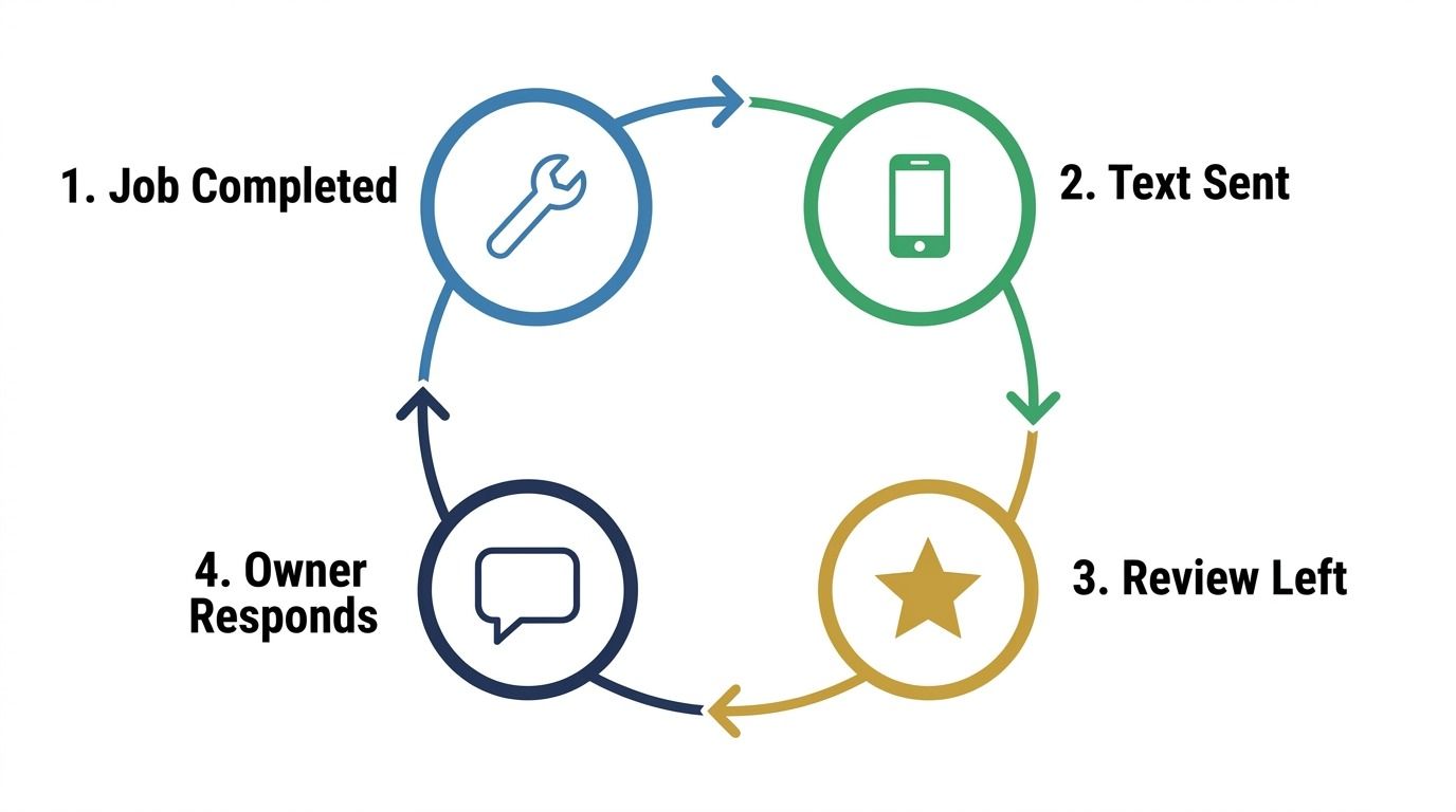 Plumbing company review request workflow showing text message link and customer star rating