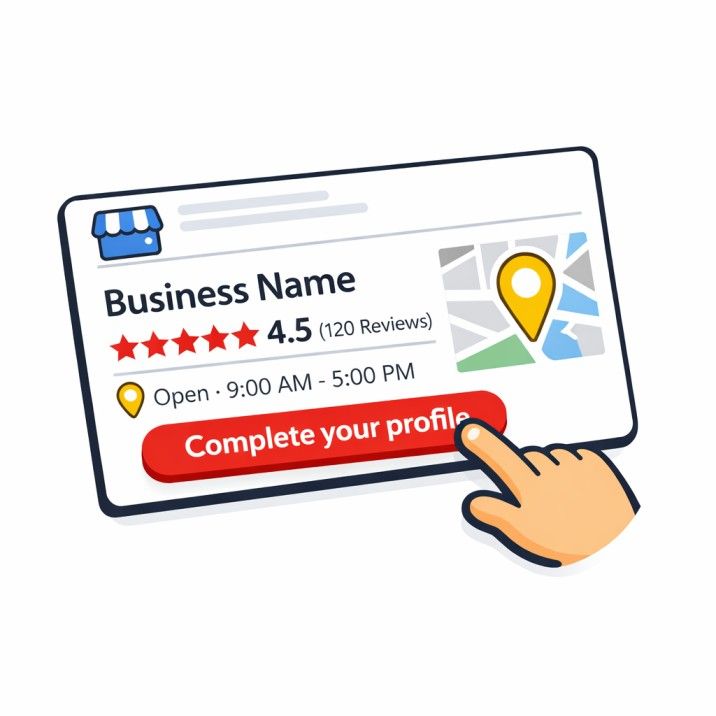 Illustration of a hand completing a Google Business Profile card with ratings and map location details Placement: Inside the 