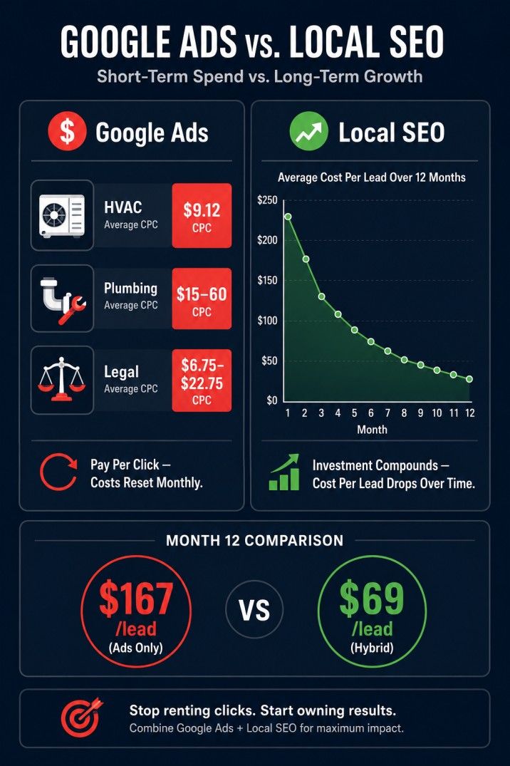 Cost comparison infographic showing Google Ads CPC by industry versus local SEO declining cost per lead over 12 months