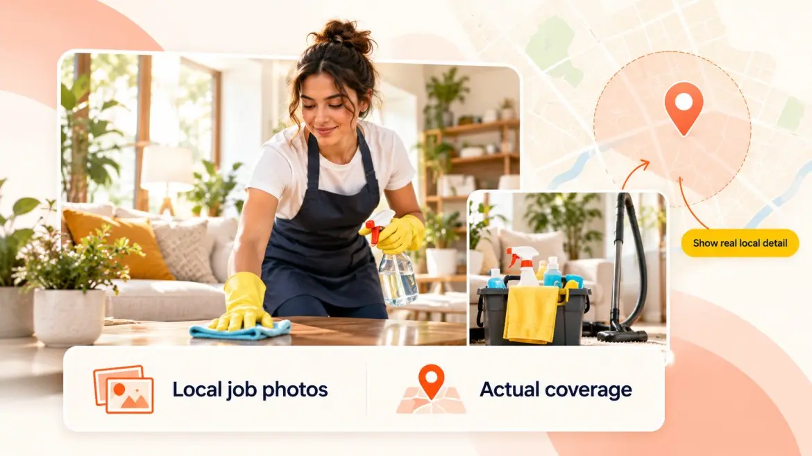 Illustrative cleaning job photos and a coverage map show information to include on local service pages.
