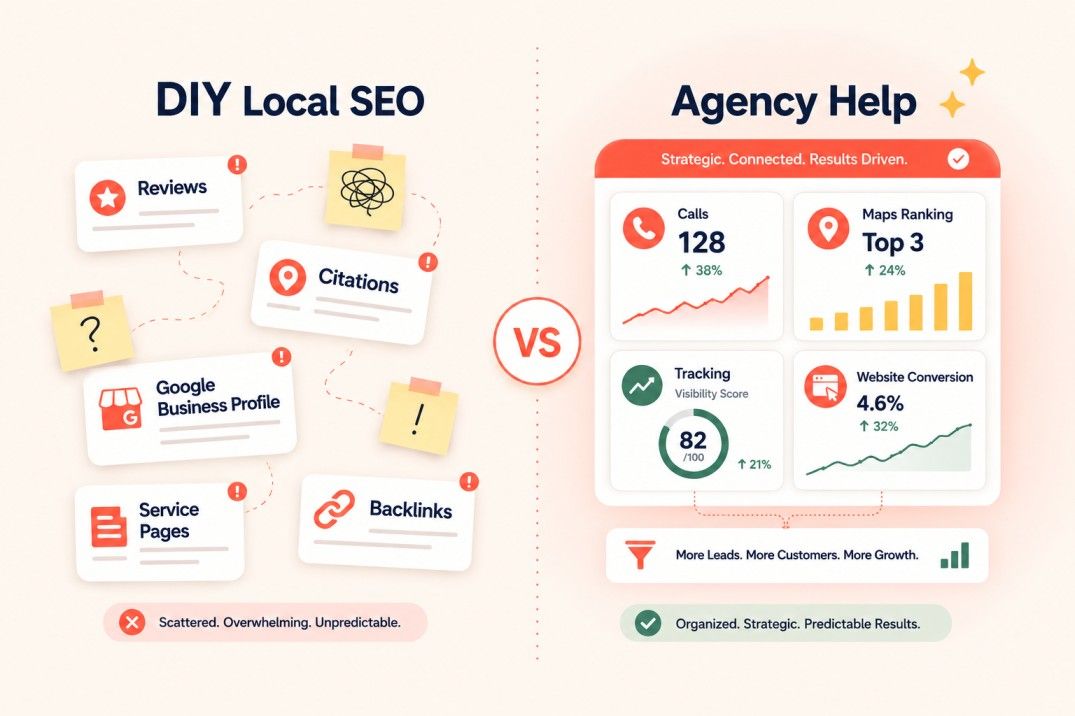 DIY local SEO tasks compared with an organized agency-led local SEO system.