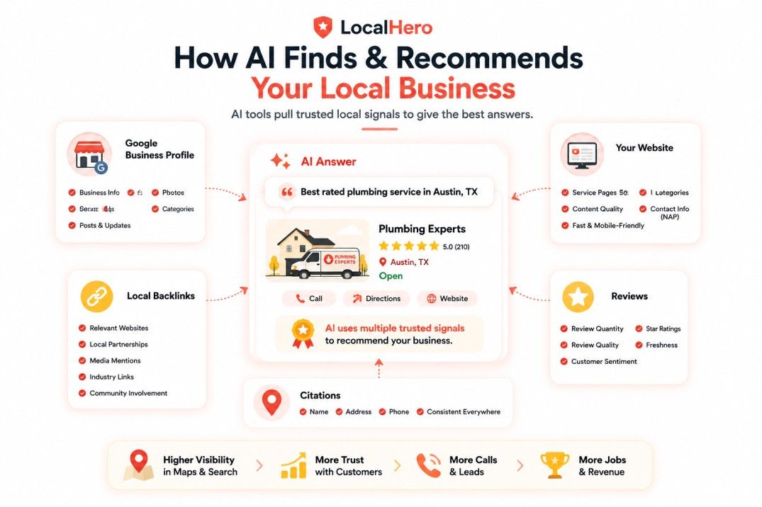 AI search visibility signals for local businesses, showing Google Business Profile, website, reviews, citations, and local backlinks feeding into an AI answer card.