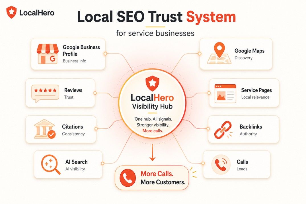 Local SEO trust system diagram for service businesses showing Google Business Profile, Google Maps, reviews, service pages, citations, backlinks, AI search, and calls around a central LocalHero visibility hub