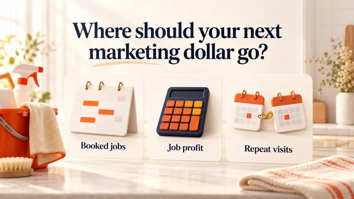 Calendar and calculator cards representing booked cleaning jobs, job profit, and repeat visits