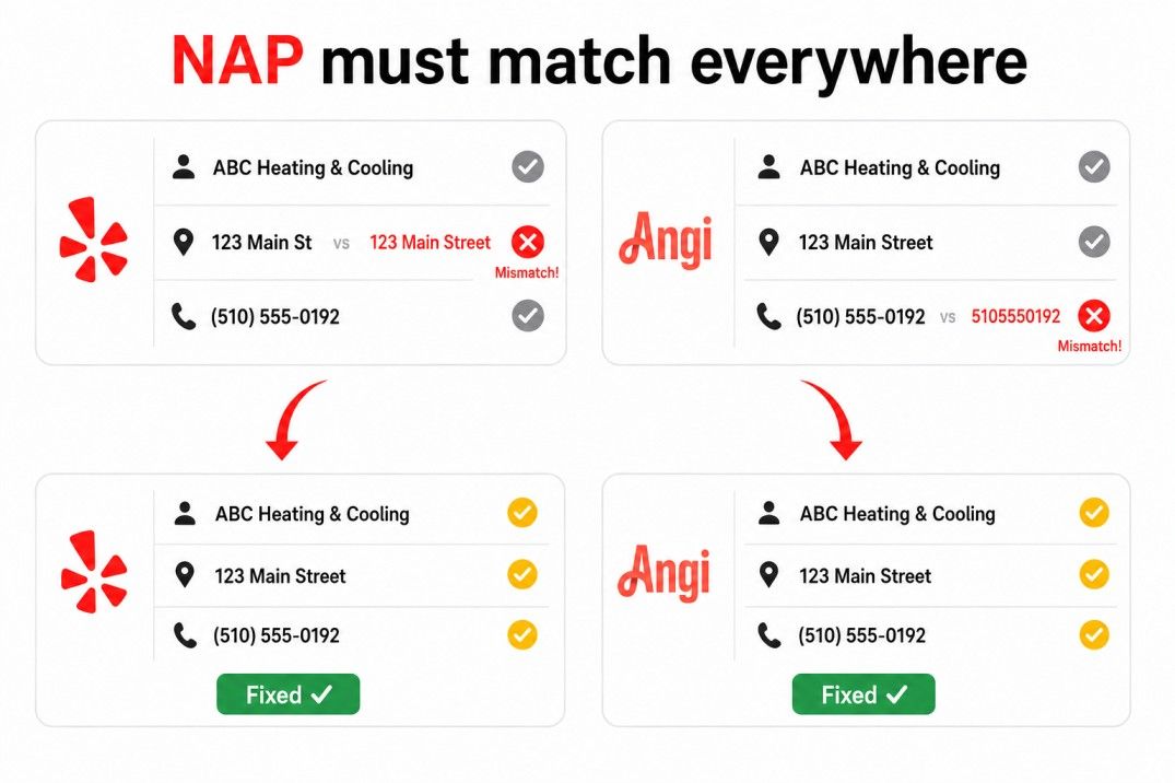 Directory listing cards showing mismatched business name and address fixed to consistent NAP information