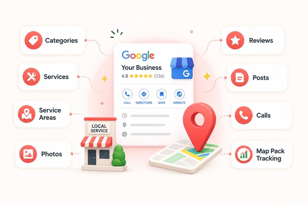 Google Business Profile checklist for Maps SEO, including categories, services, service areas, photos, reviews, posts, calls, and map pack tracking.