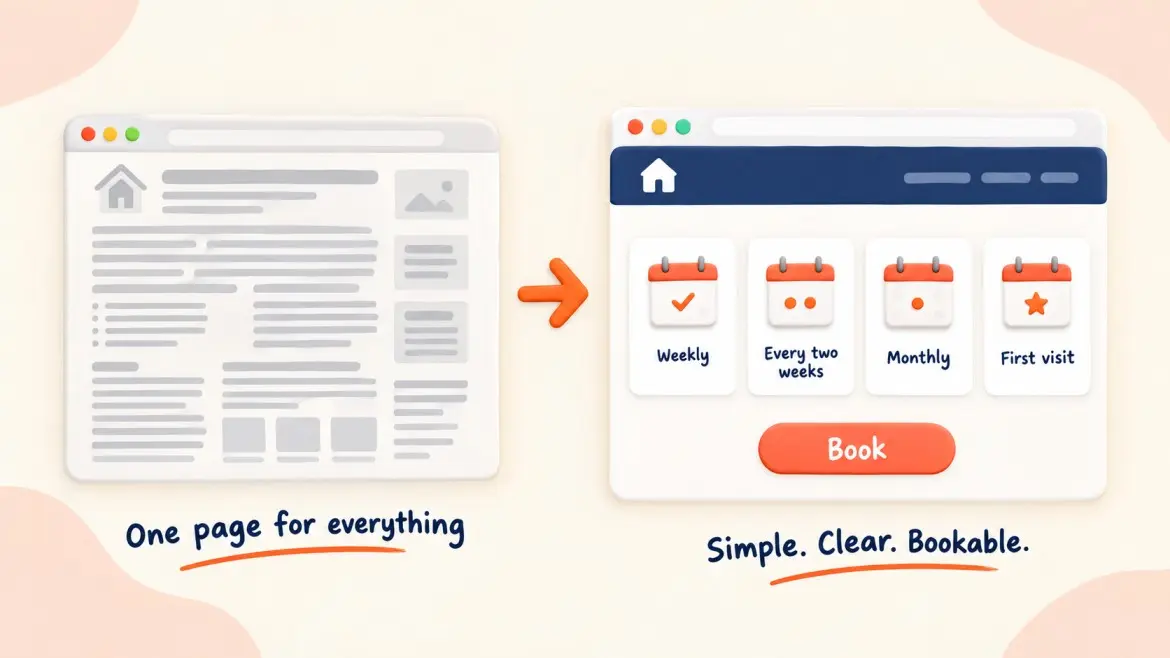 A crowded services page next to a clear recurring maid service page with weekly, every two weeks, monthly and first visit options
